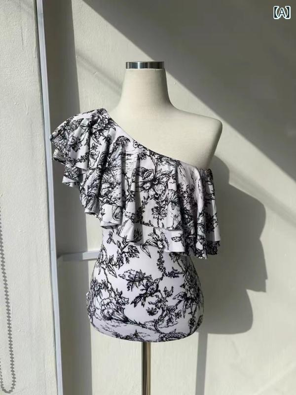 ふんわり暮らし鞄店の水着 レディース ワンピース モノキニ ワンショルダー フリル 体型カバー 花柄 セクシー パッド付き 伸縮 ストレッチ スイムウェア 海 プール ビーチ｜アングル2