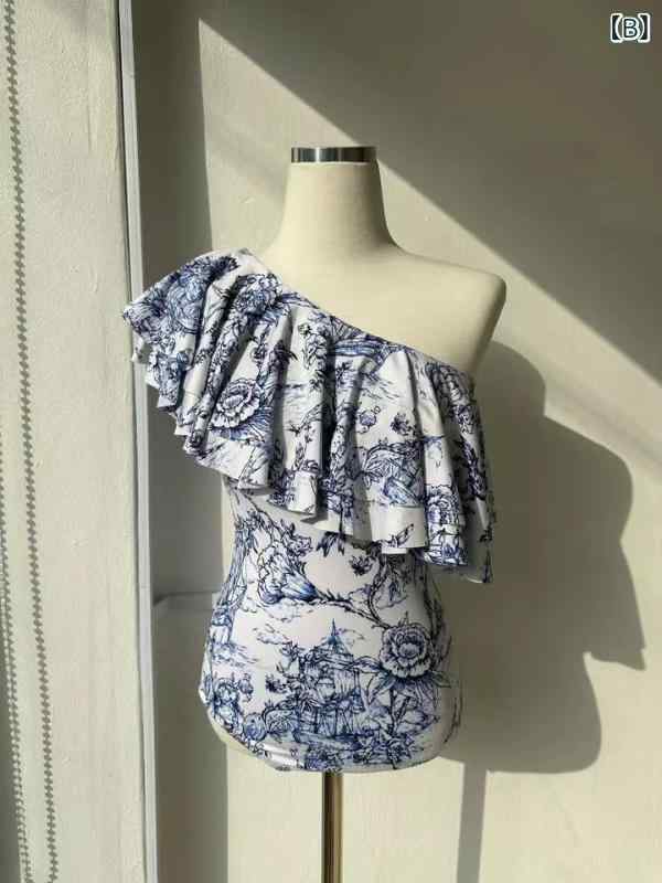 ふんわり暮らし鞄店の水着 レディース ワンピース モノキニ ワンショルダー フリル 体型カバー 花柄 セクシー パッド付き 伸縮 ストレッチ スイムウェア 海 プール ビーチ｜アングル3