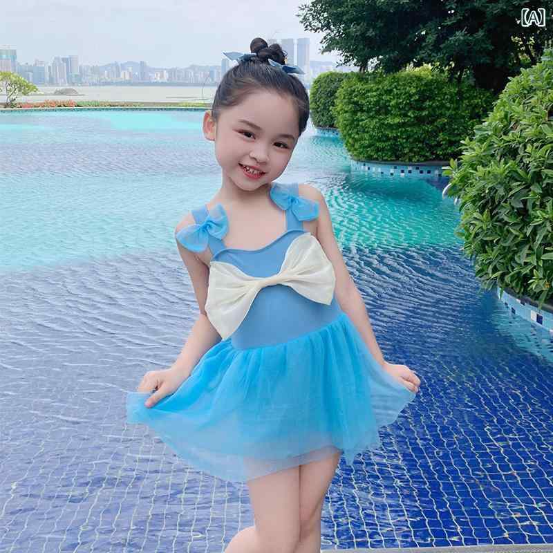 ふんわり暮らし鞄店の水着 キッズ 女の子 ワンピース 子供 スイムウェア フリル リボン かわいい プリンセス風 幼稚園 小学生 保育園 ピンク ブルー｜アングル2
