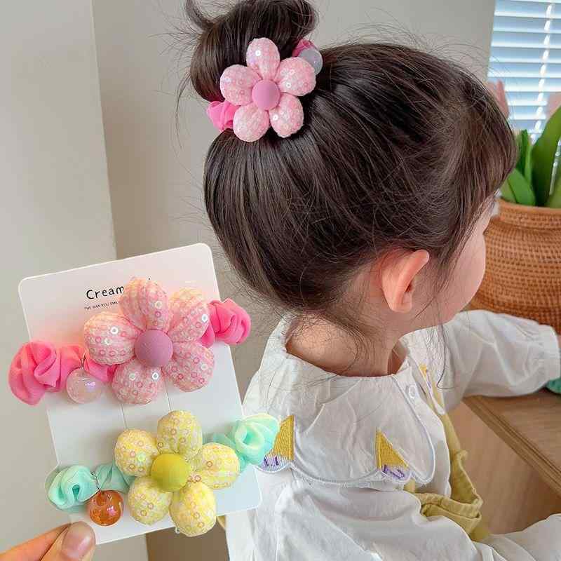 ヘアゴム キッズ 女の子 花 スパンコール ヘアアクセサリー 髪ゴム 髪飾り かわいい おしゃれ 痛くない 伸縮性抜群 普段使い 通園 通学 セット