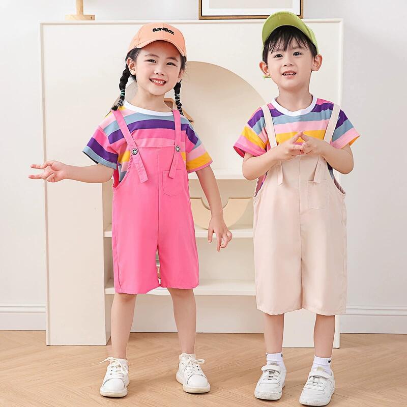 セットアップ キッズ 男女兼用 半袖 Tシャツ サロペット レインボー カラフル 運動会 ダンス 発表会 イベント 衣装