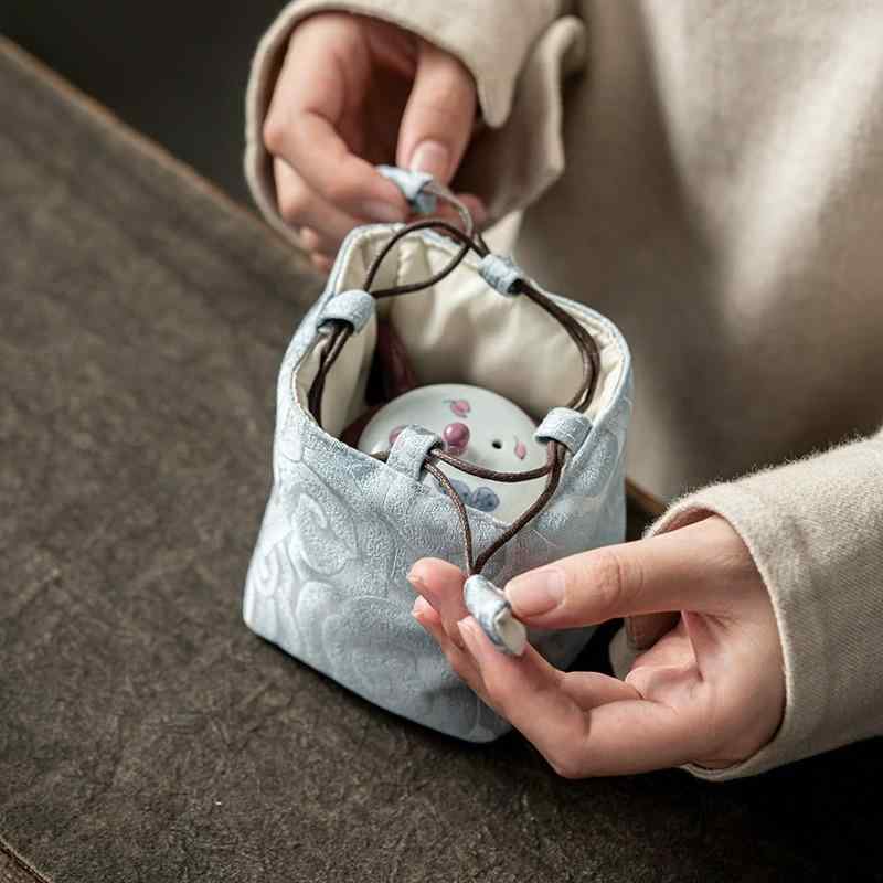 収納バッグ 茶器用 巾着袋 ポーチ 厚手 携帯用 コットンリネン 茶缶 急須 コップ 保護 旅行 持ち運び 小物入れ 祥云柄 おしゃれ かわいい
