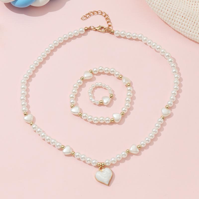 アクセサリーセット キッズ 女の子 ハート 模造パール ネックレス ブレスレット 指輪 3点セット かわいい 発表会 誕生日 ギフト プレゼント