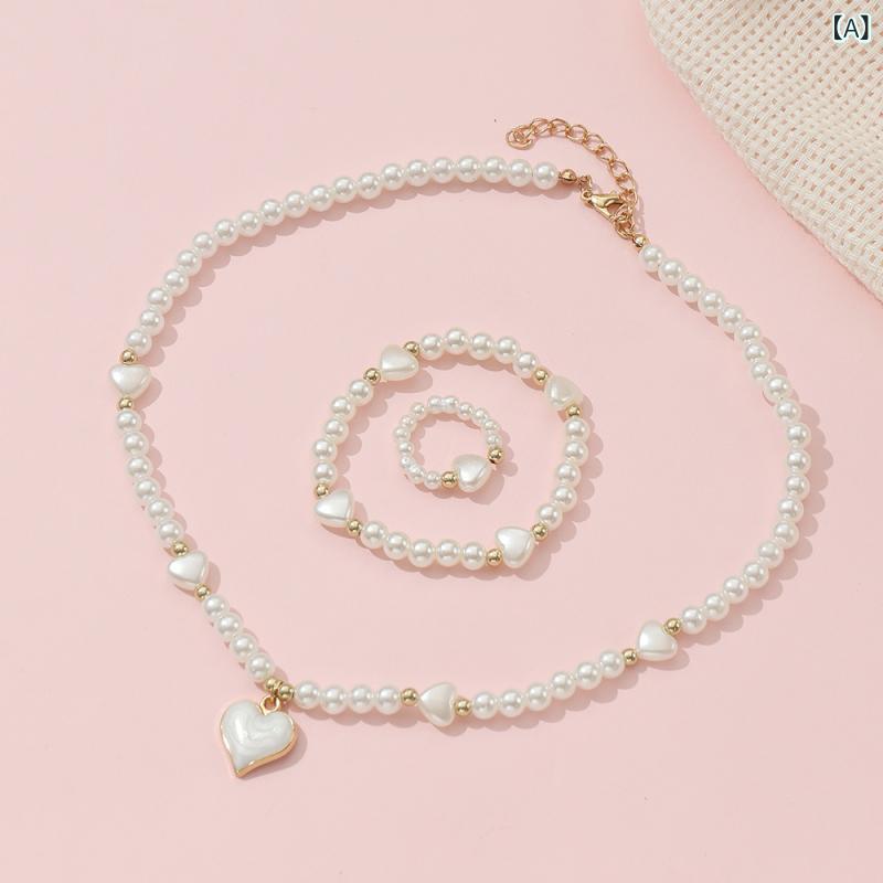 ふんわり暮らし鞄店のアクセサリーセット キッズ 女の子 ハート 模造パール ネックレス ブレスレット 指輪 3点セット かわいい 発表会 誕生日 ギフト プレゼント｜アングル2
