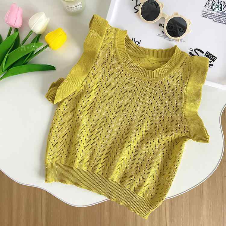 ふんわり暮らし鞄店のニットベスト キッズ 女の子 韓国風 おしゃれ フリル ノースリーブ トップス トップス 春夏 かわいい カジュアル 無地 サマーニット｜アングル3