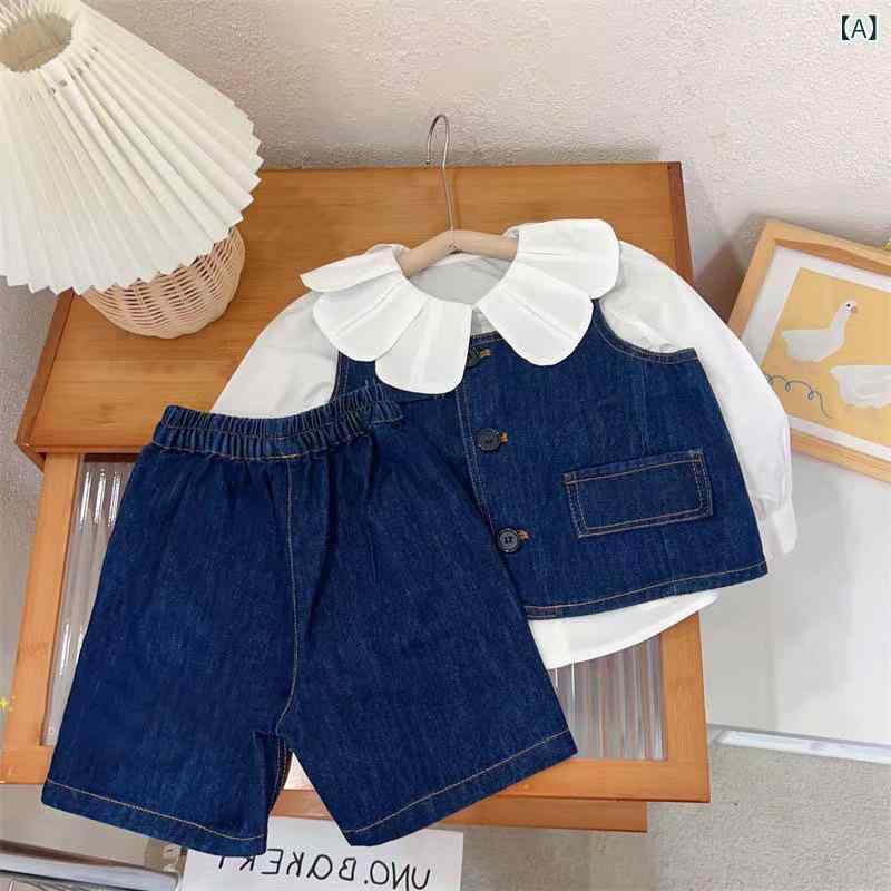 子供服 女の子 キッズ 春秋 セットアップ 3点セット シャツ 長袖 花柄襟 ベスト デ...