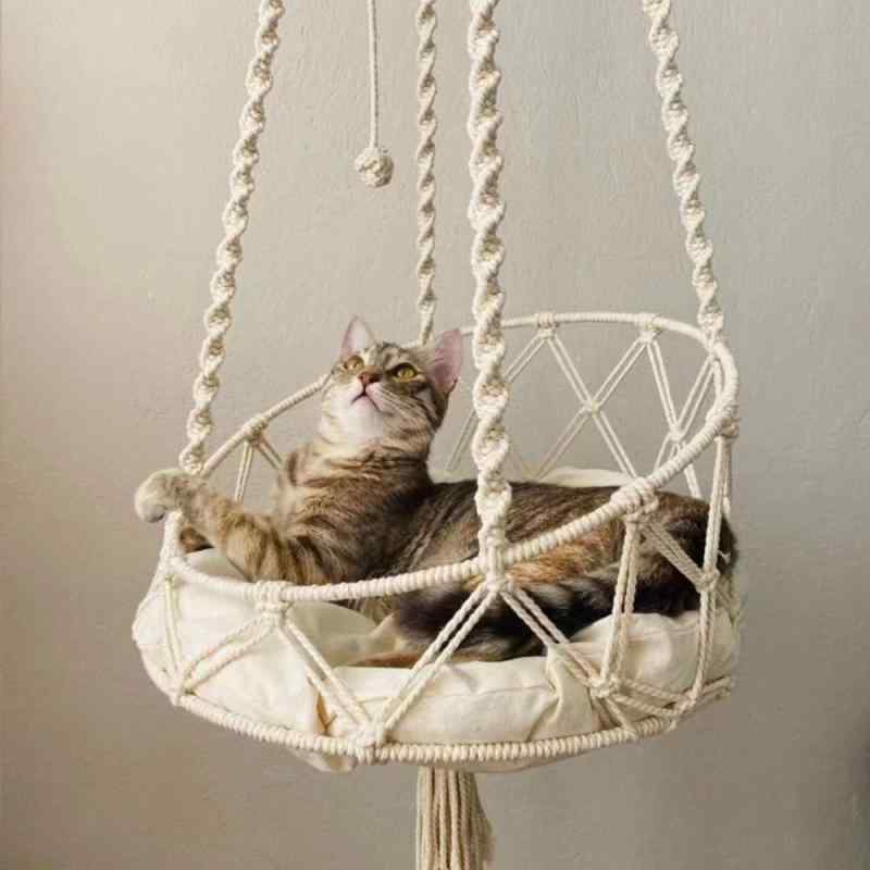 猫ちぐら 猫ベッド キャットハンモック 手編みみ 吊り下げ式 ペットベッド 猫ハウ...