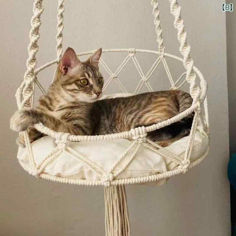 猫ちぐら 猫ベッド キャットハンモック 手編みみ 吊り下げ式 ペットベッド 猫ハウ...