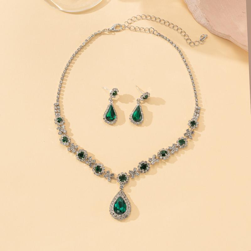 Women's Jewelry Set: Necklace and Earrings Set (Two Pieces) - Waterdrop Motif Pendant and Earrings - Rhinestone Emerald Green Electroplated - Perfect for Weddings, Formal Occasions, Dresses, and Parties.