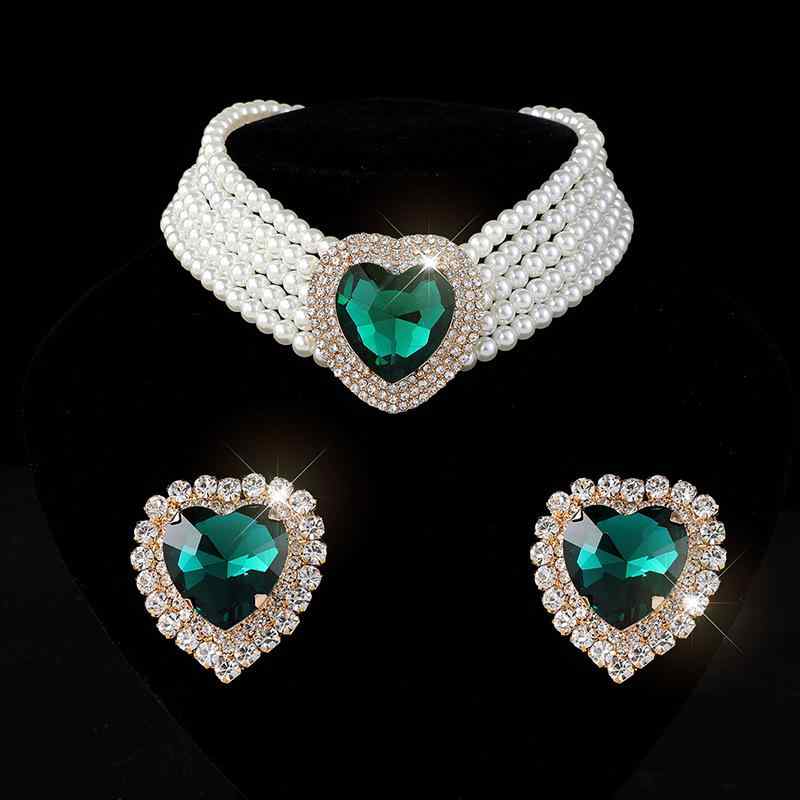 Women's Necklace and Earring Set, Multi-layered, Faux Pearl, Heart, Zirconia, Sparkling, Gorgeous, Large, Elegant, Formal, Wedding, Bridal, Reception, Party, Necklace and Earrings