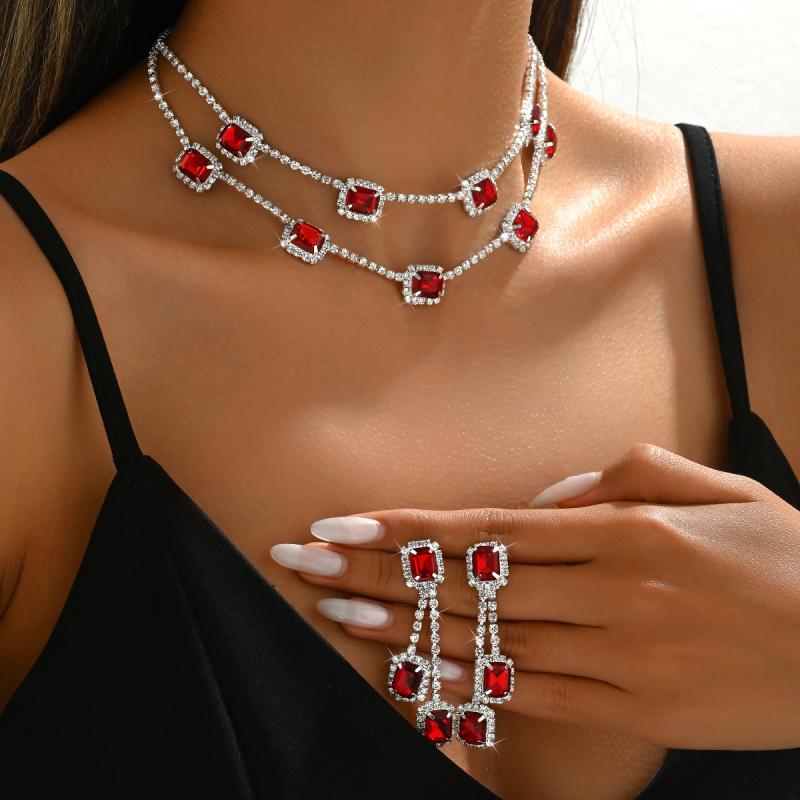 Women's Necklace and Earring Set: Square Double Chain Necklace and Fringe Earrings (2-piece set) - Elegant, Rhinestone, Perfect for Weddings, Formal Occasions, Parties, and Special Occasions - Sparkling, Multicolor
