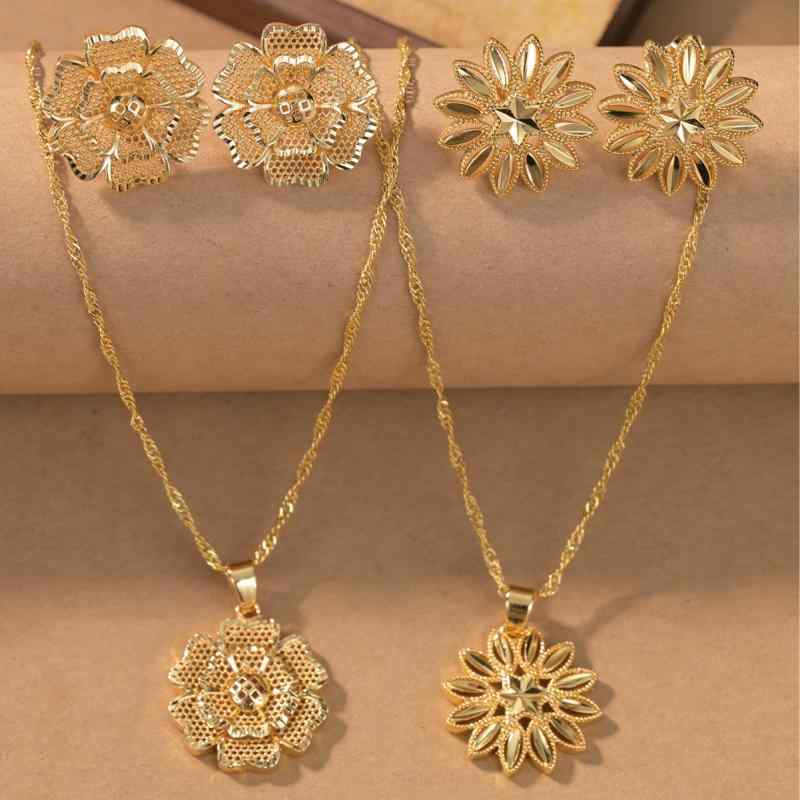 Ladies' Jewelry Set: Gold Necklace and Earrings with Rose Flower Motif, Electroplated, Perfect for Weddings, Bridal Events, Parties, and Receptions. Elegant and Sophisticated.