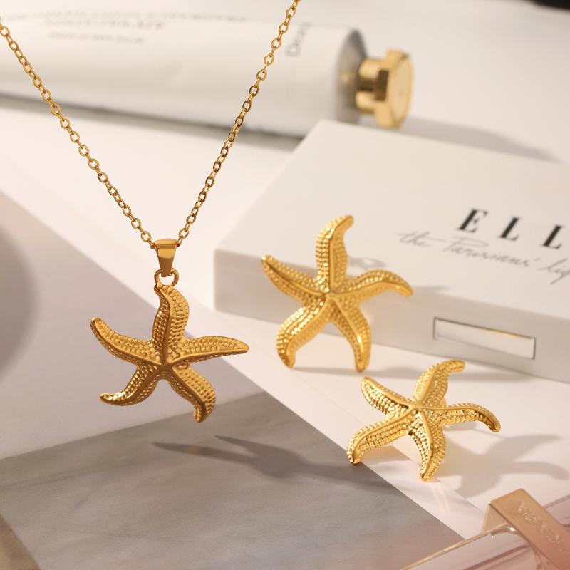 Women's Necklace and Earring Set: Starfish Pendant and Earrings, Surgical Stainless Steel, Hypoallergenic, 18K Gold Electroplated, Waterproof, Sweatproof, Rust-Resistant, Perfect for Resorts and Beaches.
