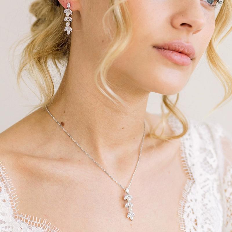 Women's Necklace and Earrings Set (Pendant) - 2-piece set featuring cubic zirconia, artificial pearls, leaf motif, plated finish. Perfect for weddings, bridal parties, receptions, and other special occasions. Elegant, sophisticated, and luxurious. Available in silver and gold.
