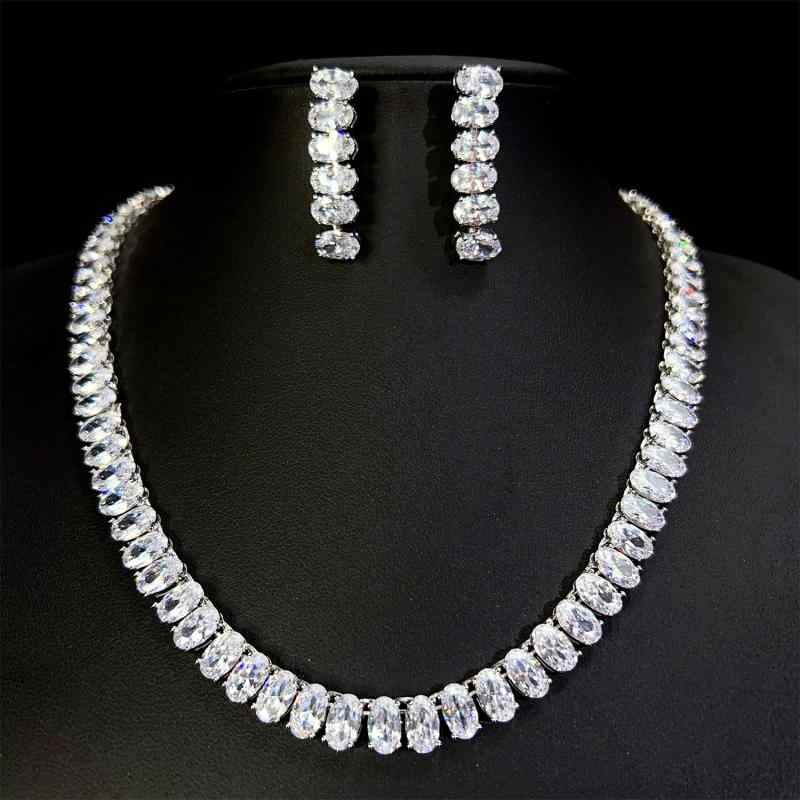 Women's Necklace Jewelry Set: Oval Shape, Large Zirconia Stone, Starry Sky Design, Vintage Style, Sparkling, Gold and Silver Colors, Bridal, Wedding, Reception, and After-Party Accessories