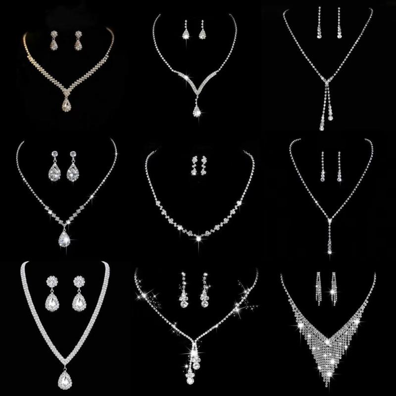 Women's Necklace Wedding Jewelry Set with Rhinestones and Earrings - Perfect for Weddings, Receptions, Bridal Events, Parties, and Special Occasions. Features electroplated alloy construction for a sparkling, glamorous, and formal look.