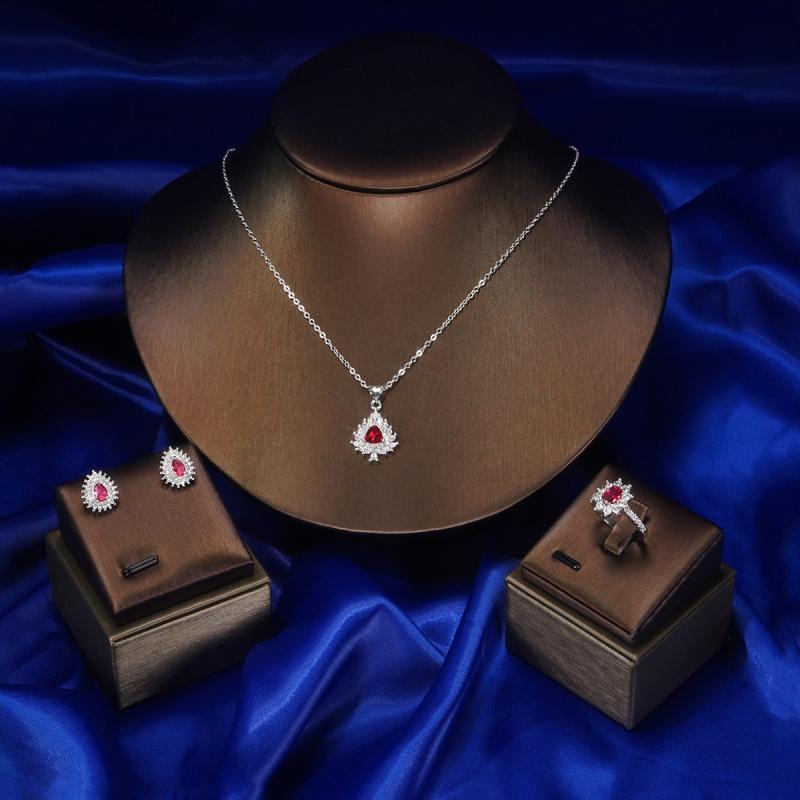 Ladies' Jewelry Set - 3-Piece Set: Zirconia, Red, Electroplated, Adjustable Ring, Necklace, Earrings - Perfect for Weddings, Bridal Events, Formal Occasions, and Parties. Elegant and Sparkling.