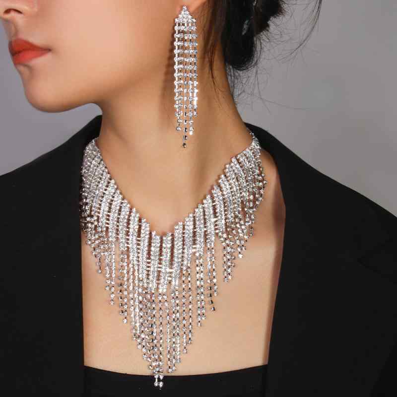 Women's Necklace and Earring Set - Fringe Rhinestone Sparkling Elegant Gorgeous Gold and Silver Colored 2-Piece Set - Perfect for Bridal, Wedding, Party, Formal Occasions