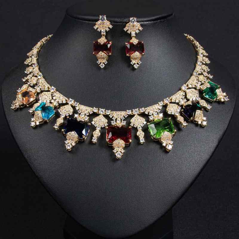 Women's Necklace and Earring Set (2 pieces): Emerald Green Square Zirconia Necklace with Plated Finish. Sparkling, elegant, sophisticated, and luxurious. Perfect for weddings, bridal events, receptions, parties, formal occasions, and special events.