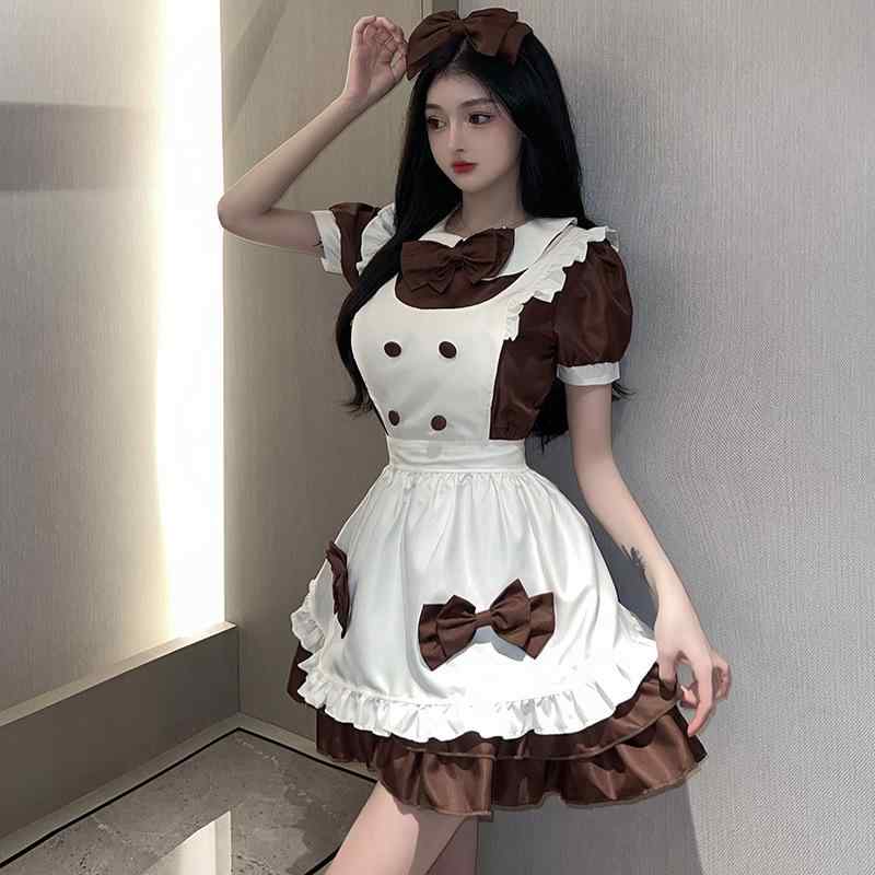 ・カテゴリ: メイド服・スタイル: ロリータ、制服・素材: ポリエステル・性別: 女性・カラー展開: ブラウン（衣装、エプロン、カチューシャ、リボン×3）、ピンク（衣装、エプロン、カチューシャ、リボン×3）・サイズ展開: フリーサイズ・素材含有率: 80%以上90%未満