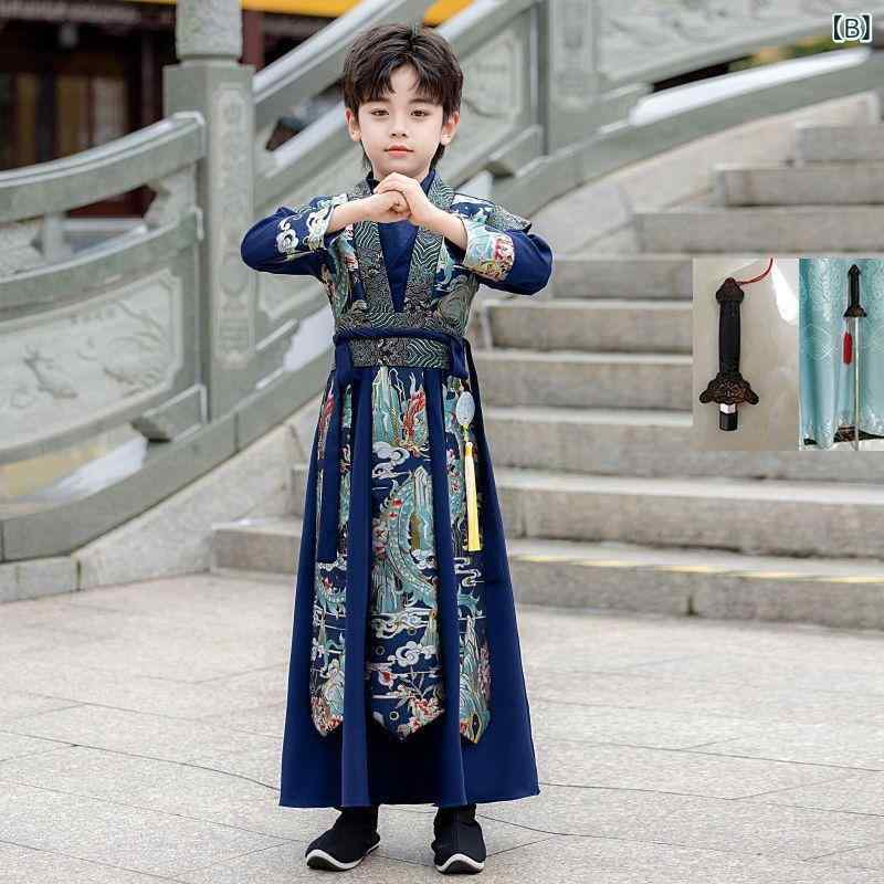 ふんわり暮らし鞄店の唐装 キッズ 男の子 チャイナモダン 漢服 飛魚服 春秋 長袖 ロングスリーブ 古風 かっこいい 男児 伝統衣装 民族衣装 コスプレ 演劇 発表会 ステージ衣装 演出服｜アングル3