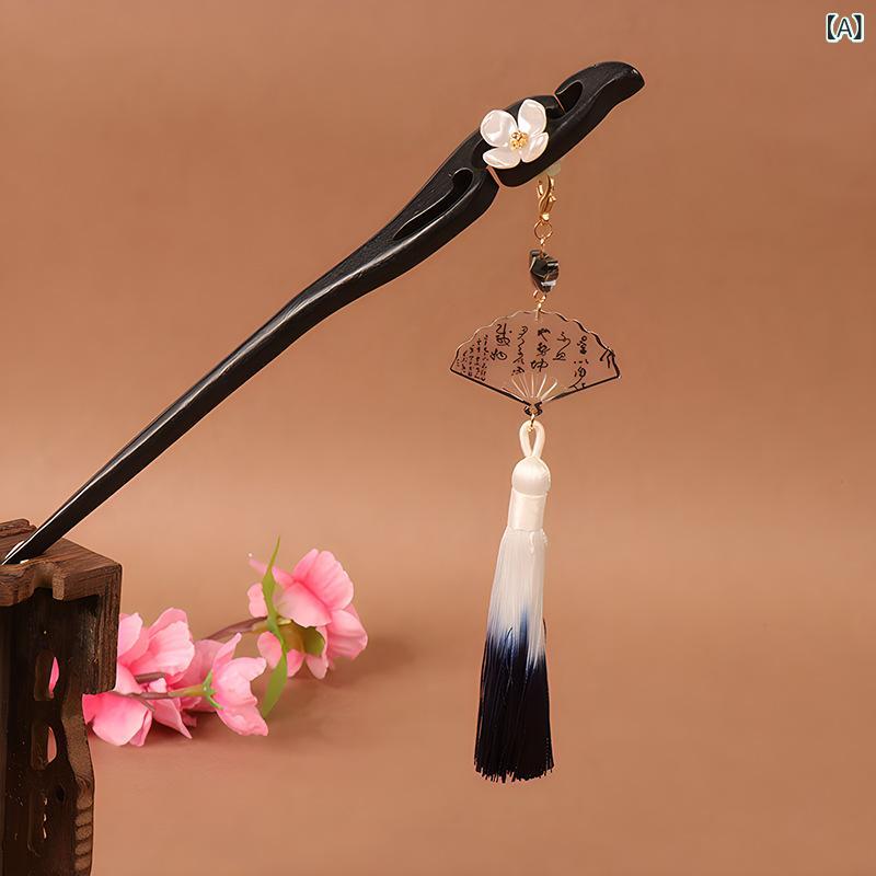 かんざし レディース 一本差し 髪飾り ヘアアクセサリー 和装 タッセル 水墨画風 ウッド 木目調 チャイナドレス 浴衣 古風 揺れる 飾り レトロ エスニック アジアン エレガント 高級感 まとめ髪 ヘアアレンジ
