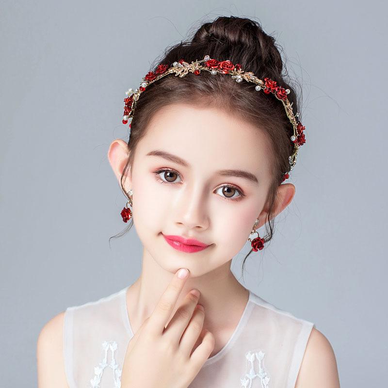ヘアアクセサリー キッズ 女の子 カチューシャ 髪飾り 耳飾り セット レッド フラワー バラ ティアラ かんざし ラインストーン 発表会 誕生日 演出 ドレス コスチューム 和装 古風 和風