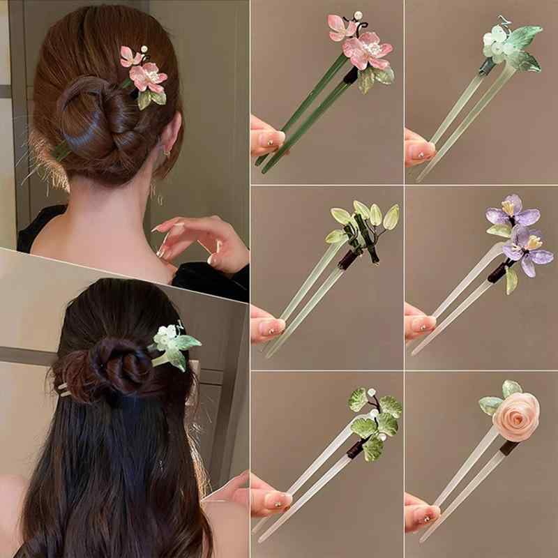 ・カテゴリ: ヘアアクセサリー・素材: アクリル・スタイル: 中華風・デザイン: U字、レディース・モチーフ: 百合の花、竹の葉・カラー展開: パープル系フラワー、グリーン系リーフ、グリーン系竹の葉、ピンク系フラワー、グリーン系グレープ