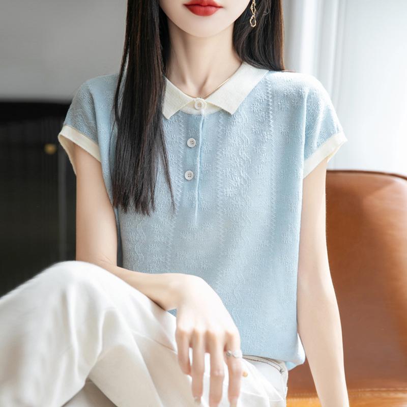 Tシャツ レディース 半袖 POLO襟 接触冷感 ニット バイカラー フレンチスリーブ 薄手 通気性 楽ちん ゆったり 着やせ トップス カジュアル オフィス 通勤 春夏