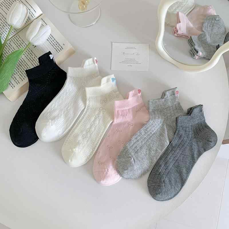 靴下 レディース ミドル丈 刺繍 バックリボン 薄手 通気性 吸汗 防摩擦 無地 コットン混 かわいい 甘口 JKスタイル カジュアル 春夏