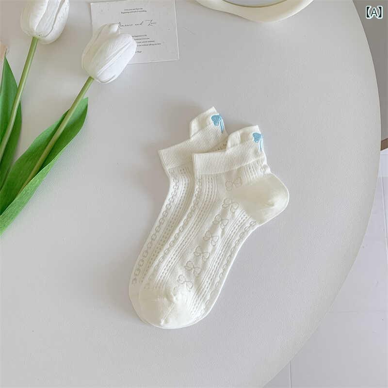 ふんわり暮らし鞄店の靴下 レディース ミドル丈 刺繍 バックリボン 薄手 通気性 吸汗 防摩擦 無地 コットン混 かわいい 甘口 JKスタイル カジュアル 春夏｜アングル2