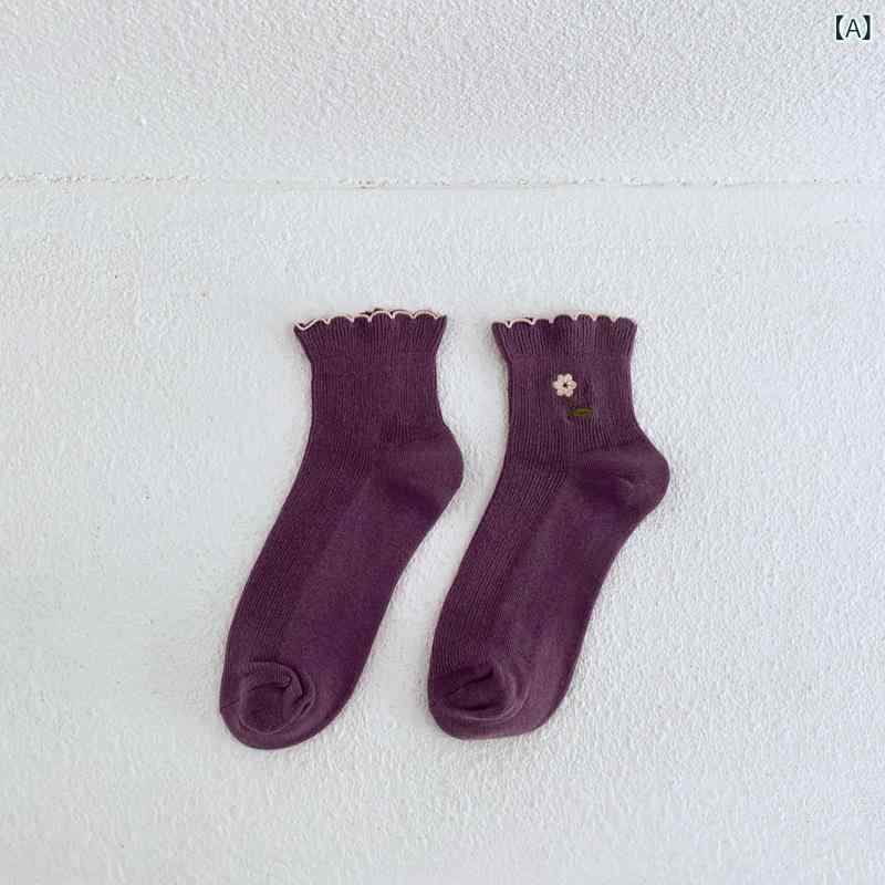 靴下 レディース フリルソックス 木耳ボーダー 花柄刺繍 ルーズソックス 通気性 吸汗性 防摩擦 コットン混 春夏秋冬 ミディアム丈 履き口フリル カジュアル くしゅくしゅ 10色展開 フリーサイズ soarsole-10419025 ふんわり暮らし鞄店 サンプル画像2