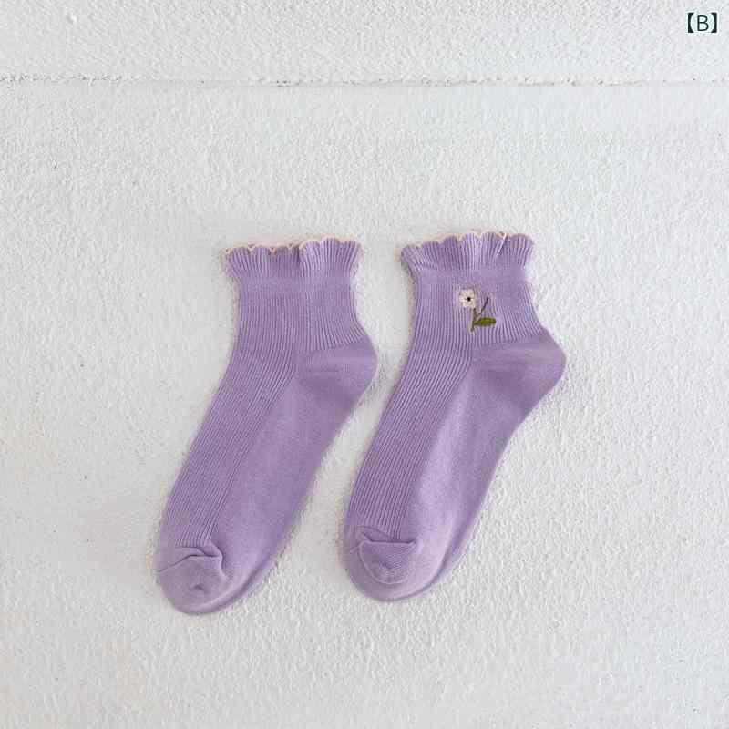 靴下 レディース フリルソックス 木耳ボーダー 花柄刺繍 ルーズソックス 通気性 吸汗性 防摩擦 コットン混 春夏秋冬 ミディアム丈 履き口フリル カジュアル くしゅくしゅ 10色展開 フリーサイズ soarsole-10419025 ふんわり暮らし鞄店 サンプル画像3