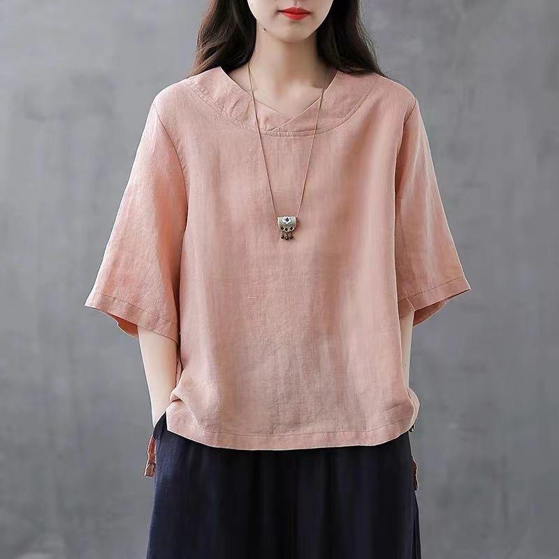 ・カテゴリ: Tシャツ・スタイル: クラシック、レトロ・主な素材: 綿 80%以上90%未満、ポリエステル 30%以下・柄: 無地・デザイン: プルオーバー、パッチワーク・切り替え・シルエット: ルーズフィット・着丈: ミディアムレングス（約65cm〜80cm）・ネックライン: クルーネック・袖丈: 五分袖・カラー展開: ピンク、グリーン、ホワイト・サイズ展開: M、L、XL、2XL、3XL、4XL