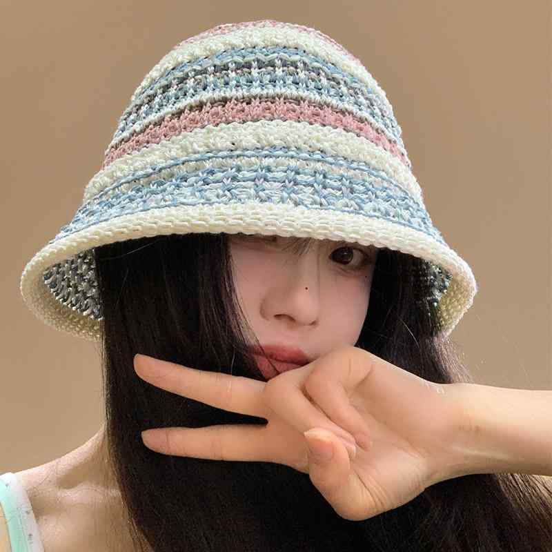 麦わら帽子 レディース 春夏 ニット バケットハット ストローハット 透け感 軽量 通気性 日よけ 防寒 帽子 遮光 小顔効果 紫外線対策 アウトドア 旅行 カジュアル