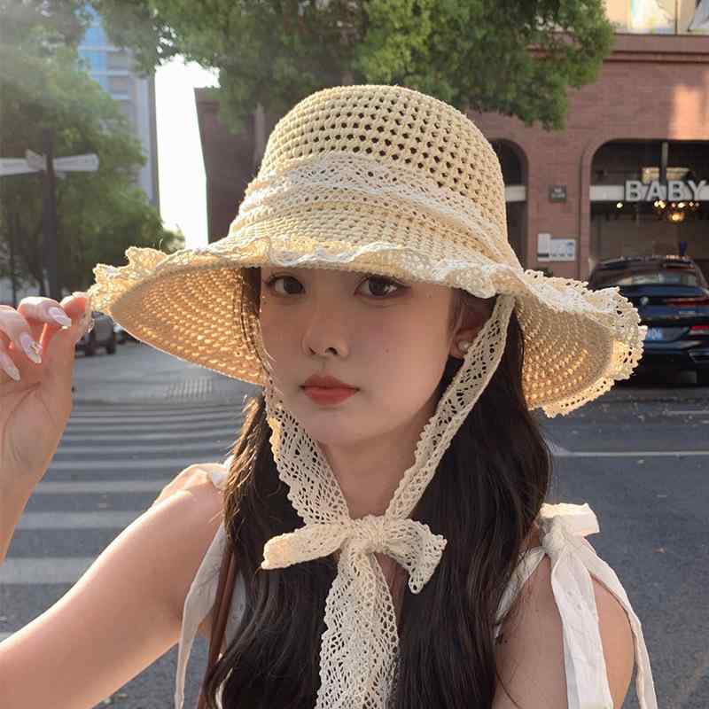 麦わら帽子 レディース 春夏 紫外線対策 UVカット 遮光 折りたたみ つば広 ストローハット レース リボン 日よけ帽子 サマーハット アウトドア 旅行 リゾート