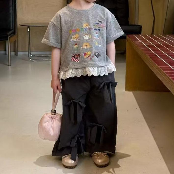 セットアップ キッズ 女の子 半袖 Tシャツ カーゴパンツ レース フリル リボン付き キャラクター プリント かわいい カジュアル