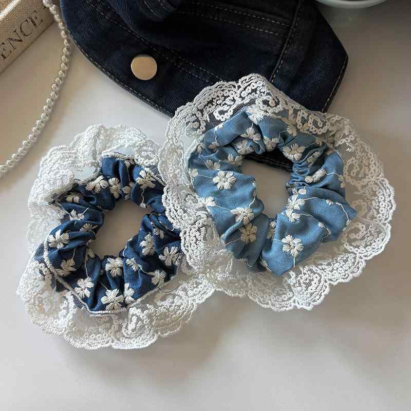 シュシュ レディース ヘアアクセサリー レース フリル ブルー 花柄 小花 爽やか フェミニン 上品 髪飾り まとめ髪 髪留め 普段使い かわいい おしゃれ
