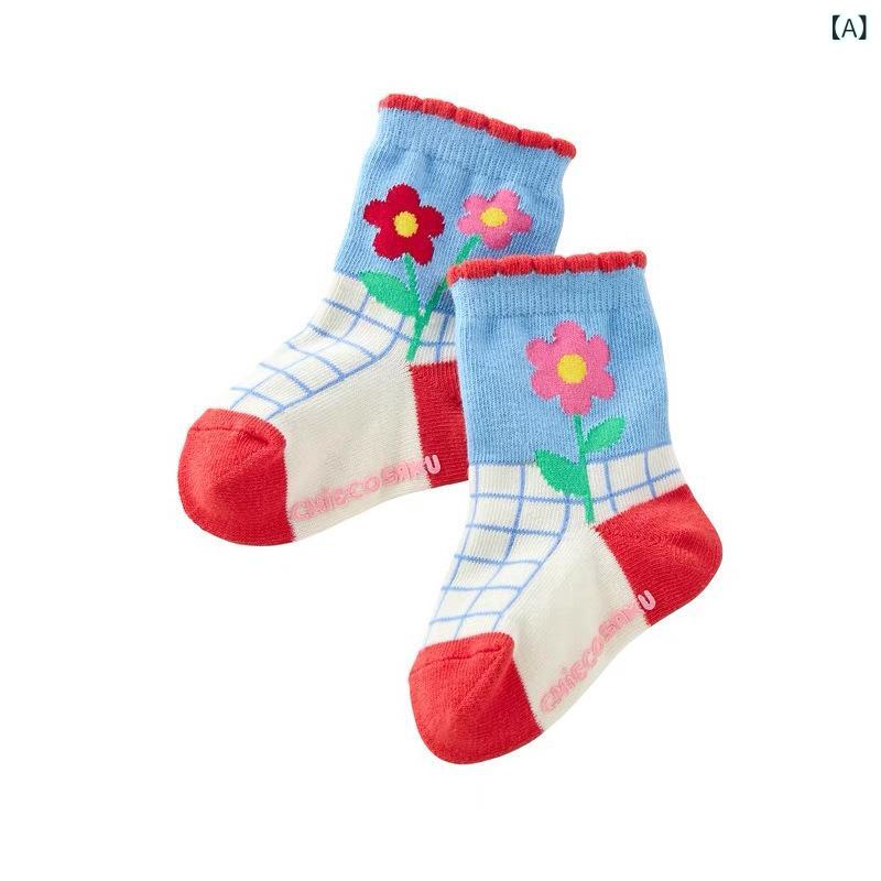 ふんわり暮らし鞄店の靴下 キッズ 女の子 ミドル丈 コットンスムース 通気性 刺繍 かわいい 花柄 格子 フリル リボン 秋冬 春用 子供用 ベビーソックス｜アングル2