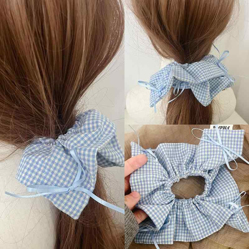 シュシュ レディース ブルー チェック柄 リボン ヘアゴム ヘアアクセサリー フレンチ 髪飾り おしゃれ かわいい