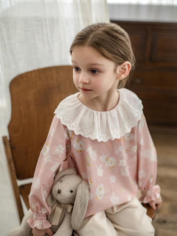シャツ キッズ 女の子 長袖 コットン フリル襟 花柄 総柄 切り替え トップス 子供服 ベビー服 春秋 ピンク かわいい