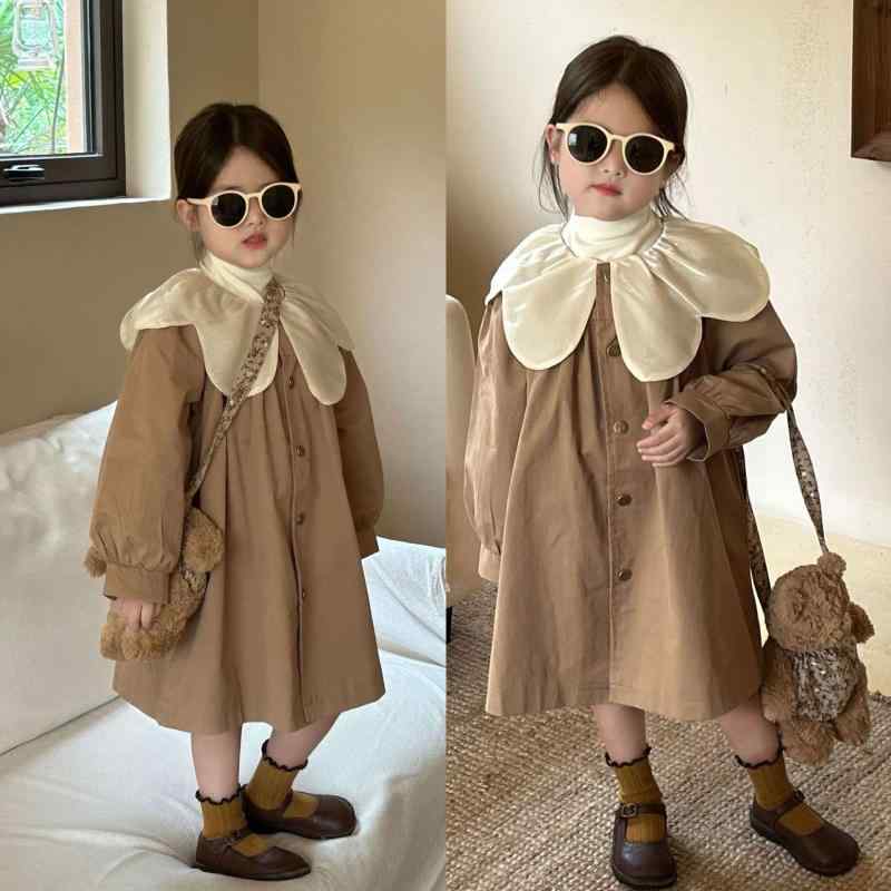 コート キッズ 女の子 秋 アウター ジャケット トレンチコート フードなし 花びら襟 ミドル丈 ダブルボタン かわいい コットン混紡 カジュアル 無地 カーキ 通園 通学