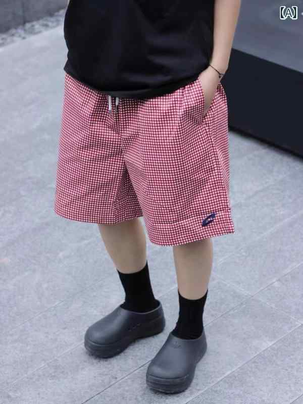 ふんわり暮らし鞄店のショートパンツ メンズ レディース 春夏 チェック柄 速乾 5分丈 ワイド 軽量 カジュアル ビーチパンツ スポーツ ハーフパンツ ピンク ブルー レッド｜アングル2