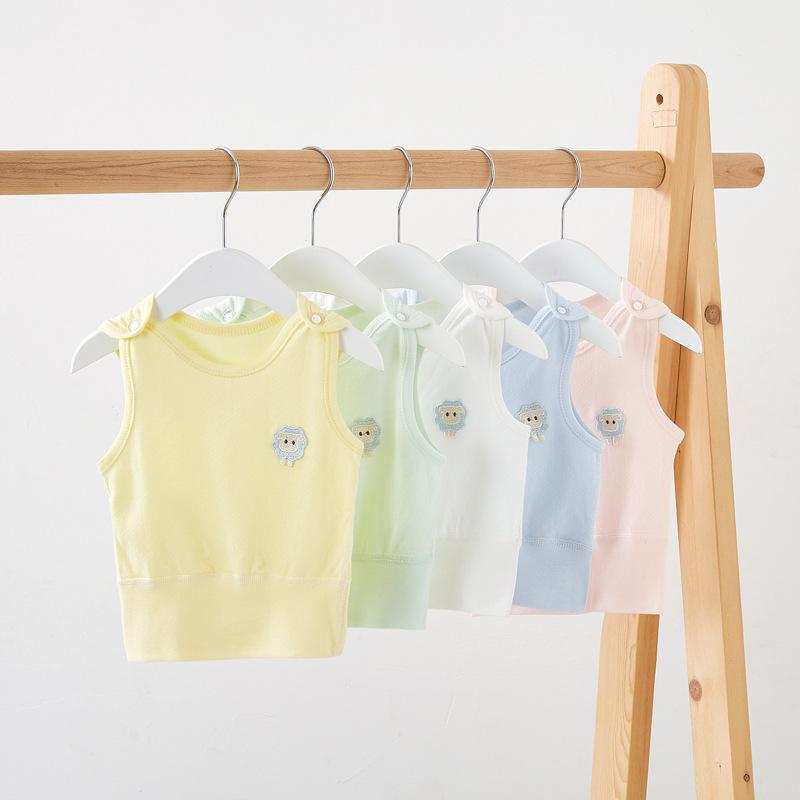 ・カテゴリ: 子供用ベスト・対象性別: 男女共用・スタイル: 韓国風・袖丈: ノースリーブ・対象年齢: ベビー・キッズ（1～3歳、80～100cm）・生地加工: 柔軟処理・柄: 無地、カートゥーン、可愛い、プリント・主な素材: 綿（95%）・安全基準: A類・ネックライン: クルーネック・フード: なし・カラー展開: グリーン（小羊）、ブルー（小羊）、イエロー（小羊）、ピンク（小羊）、ホワイト（小羊）、グリーン（カタツムリ）、ブルー（カタツムリ）、イエロー（カタツムリ）、ピンク（カタツムリ）、ホワイト（カタツムリ）・サイズ展開: 59、66、73、80、90、100