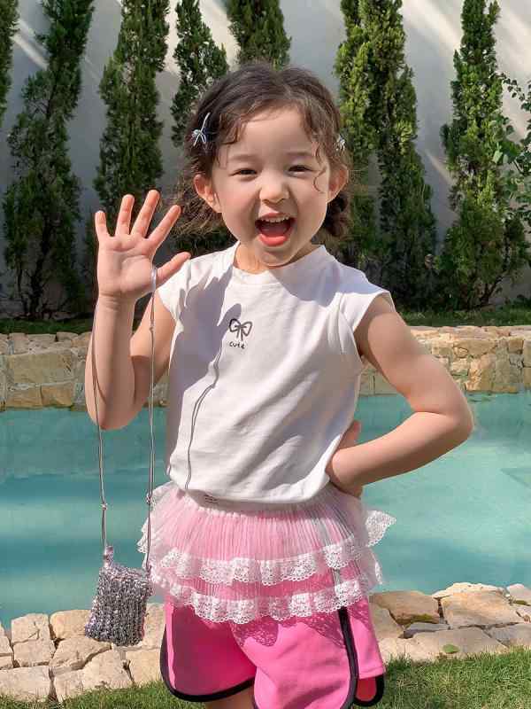 Tシャツ キッズ 女の子 半袖 タンクトップ トップス カットソー 綿 丸首 リボン付き かわいい カジュアル 通園 通学 夏物