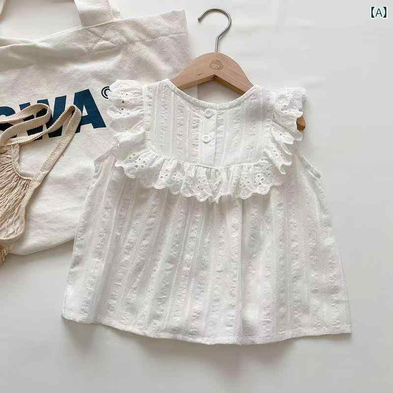 ふんわり暮らし鞄店のシャツ キッズ 女の子 ノースリーブ フリル チュニック トップス 夏服 涼しい コットンブレンド かわいい シンプル 無地 ホワイト 80 90 100 110 120｜アングル2