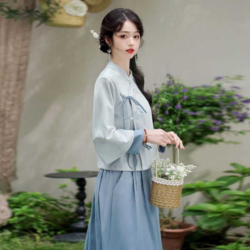 セットアップ レディース チャイナドレス風 改良 チャイナ服 フェイクスエード トップス ロングスカート 2点セット レトロ 切り替え ボトムス