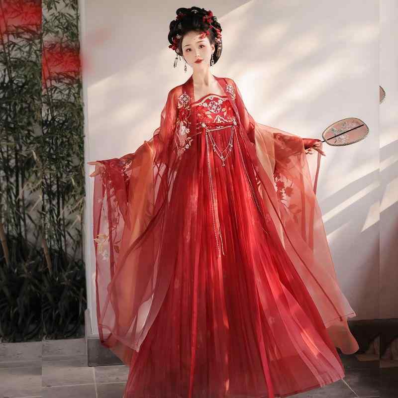 ・カテゴリ: 漢服・主な素材: ポリエステル（シフォン）・カラー展開: レッド（ワイドスリーブトップス＋訶子裙＋双披帛）、レッド（ワイドスリーブトップス刺繍）・サイズ展開: S、M、L、XL