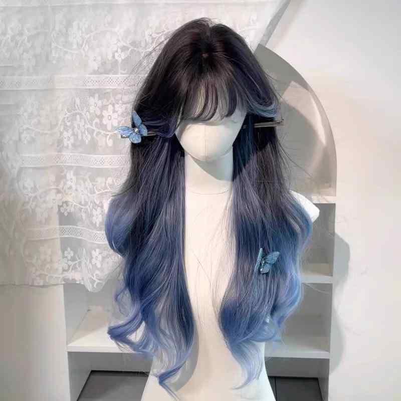 ウィッグ レディース ロング カール 巻き髪 フルウィッグ 自然 ネット付き ブルー グラデーション ぱっつん前髪 小顔 抜け感 コスプレ かつら 日常