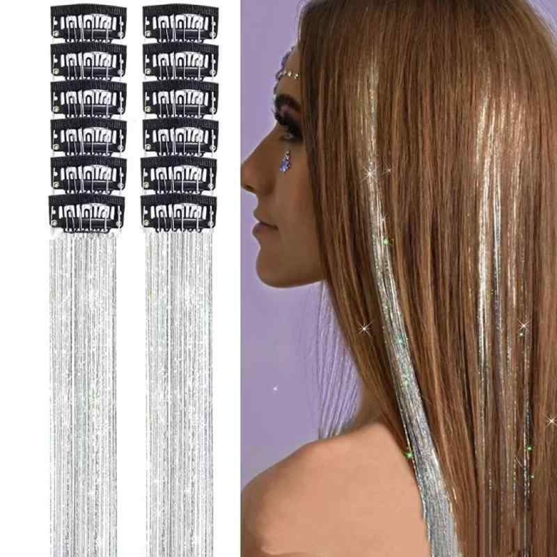 エクステ レディース ワンタッチ メッシュ 12本セット 50cm ストレート ヘアピン ラメ グリッター カラフル インナーカラー パーティー イベント 髪飾り 巻き付け 耐熱 簡単 着脱